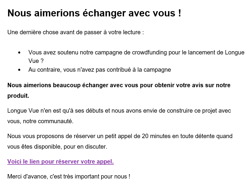 Exemple d'une newsletter appelant à la contribution de son audience.